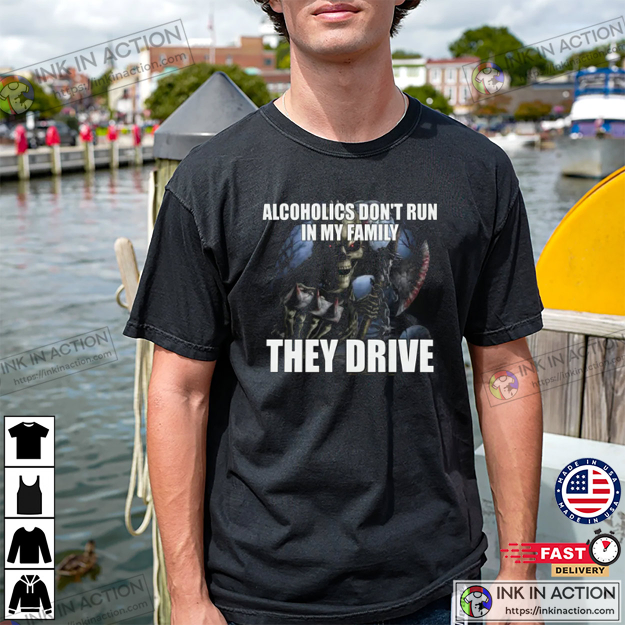 Skeleton Alcoholics Don’t Run In My Family They Drive Joke Funny Meme T-shirt