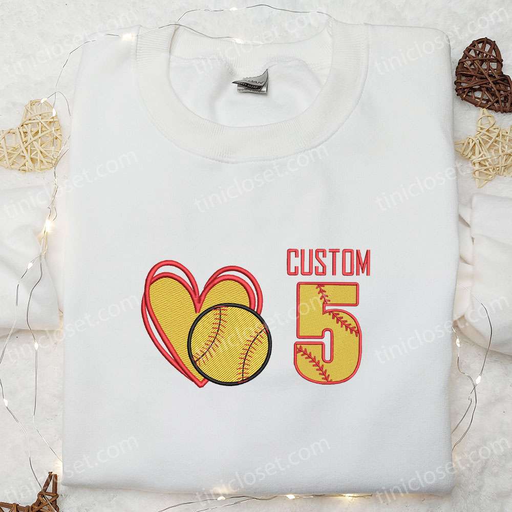 Softball Heart Custom Name Embroidered Shirt, Mother’s Day Embroidered Hoodie, Best Gift For Mom