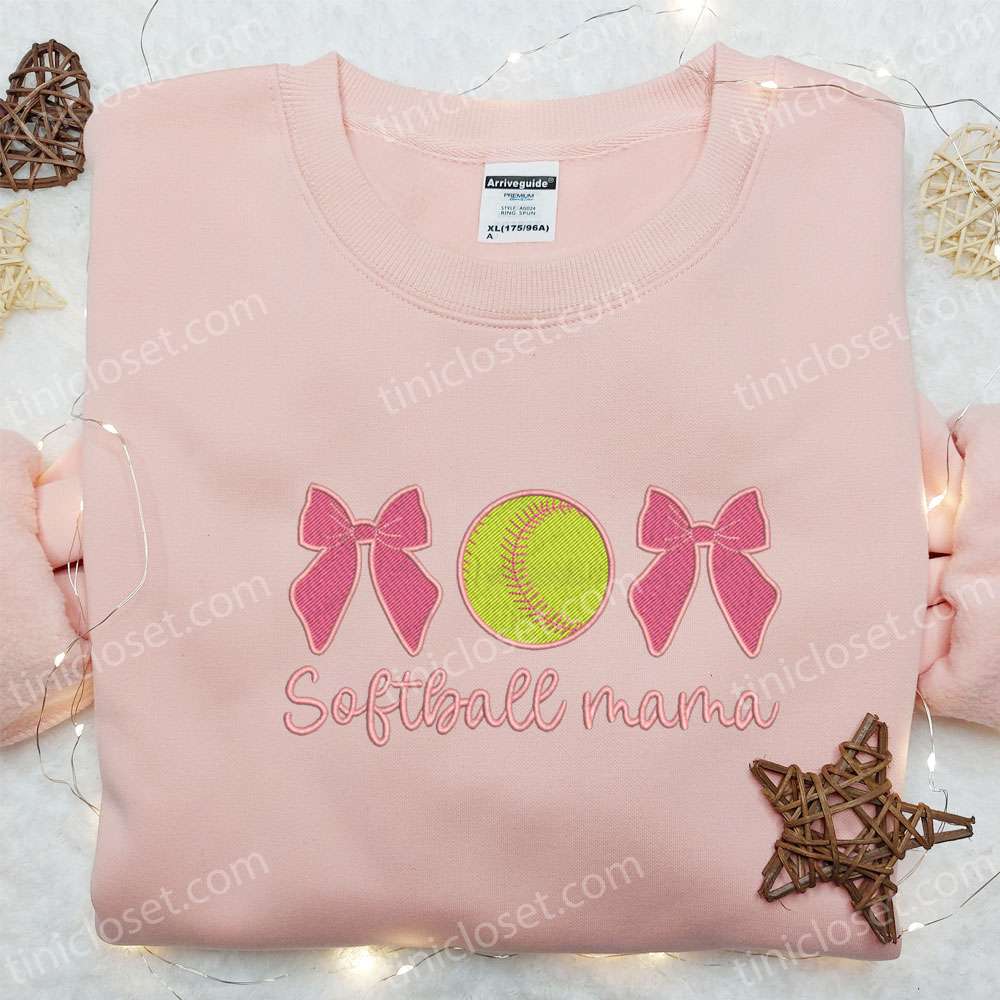 Softball Mama Coquette Bows Embroidered Shirt, Mother’s Day Embroidered Hoodie, Best Gift For Mom