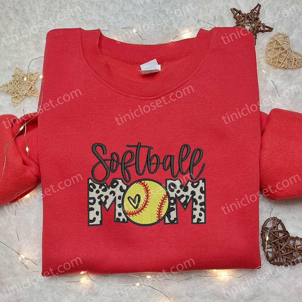 Softball Mom Leopard Embroidered Shirt, Mother’s Day Embroidered Hoodie, Best Gift For Mom