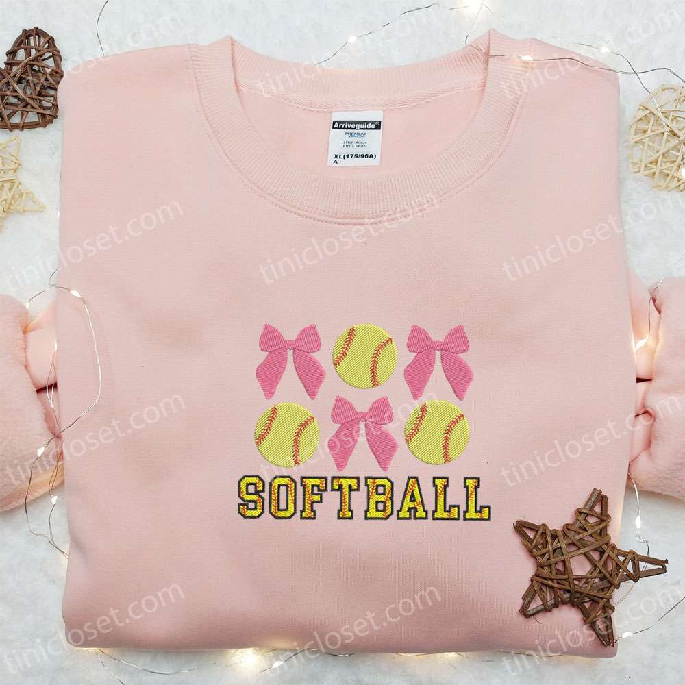 Softball Pink Bows Embroidered Shirt, Sports Embroidered Hoodie, Best Mother’s Day Gift Idea