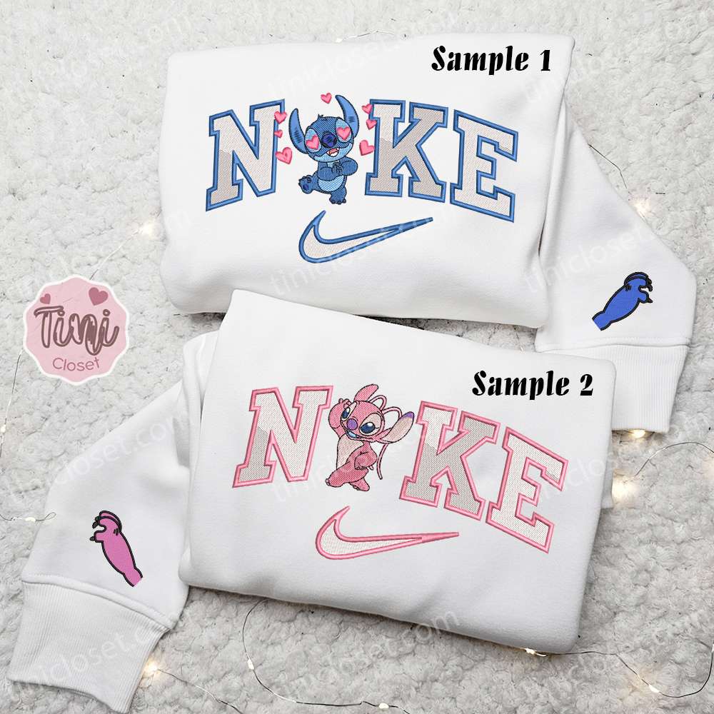 Stitch And Angel Love X Nike Couple Embroidered Shirt, Disney Characters Embroidered Hoodie, Valentine’s Day Embroidered Sweatshirt