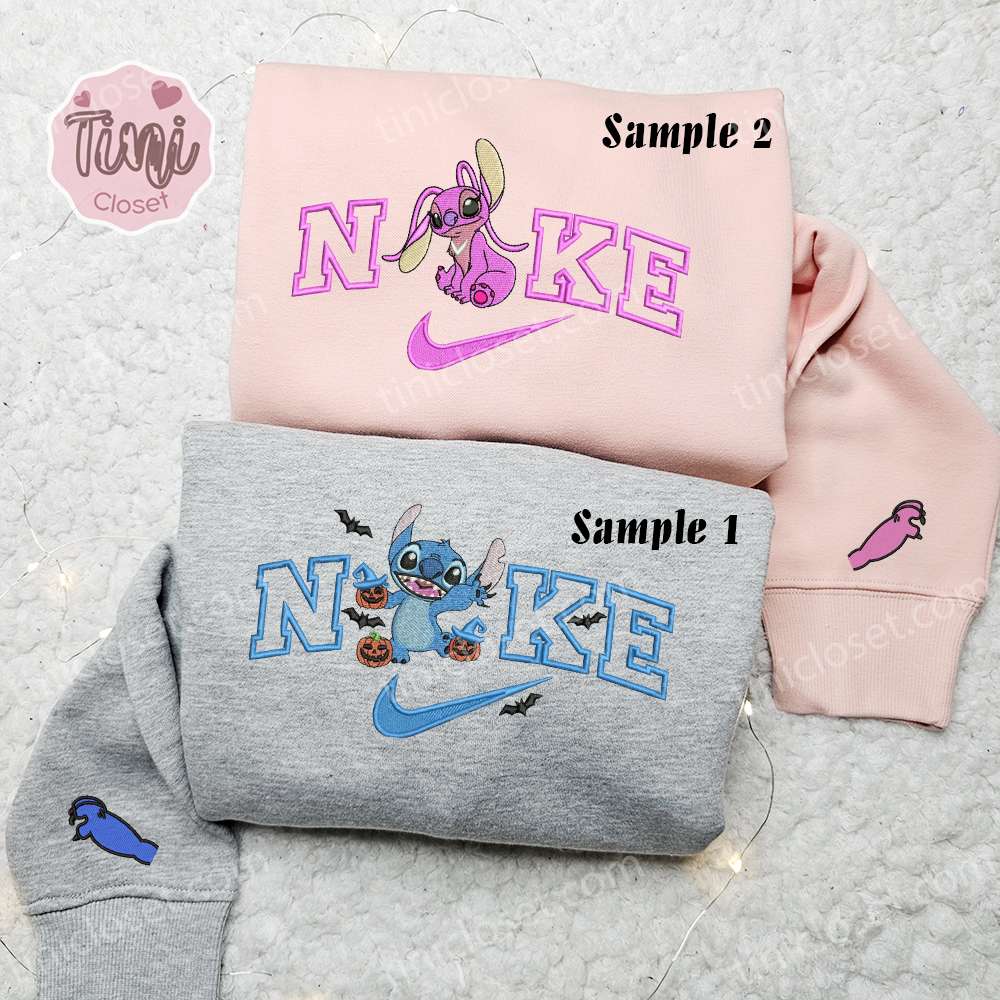 Stitch And Angel X Nike Couple Embroidered Shirt, Halloween Embroidered Hoodie, Valentine’s Day Embroidered Sweatshirt