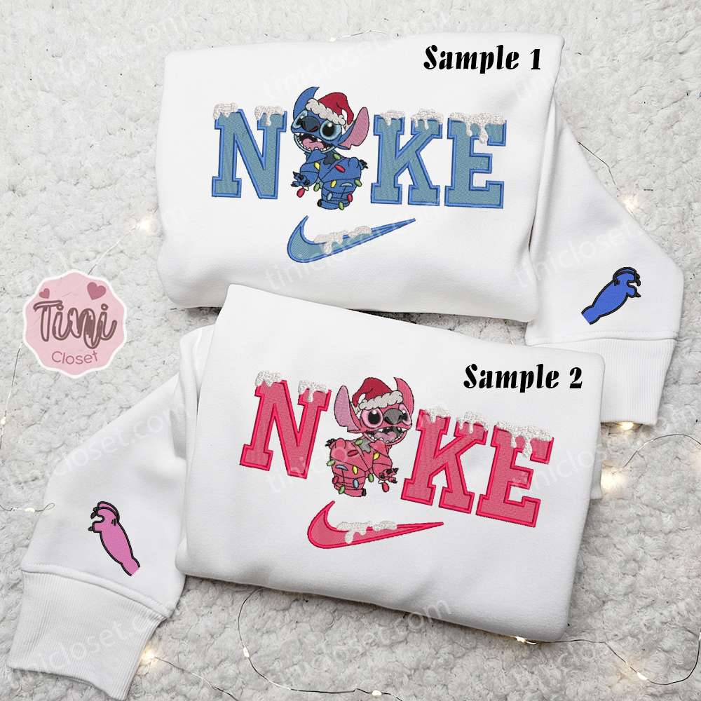 Stitch And Angel Xmas X Nike Couple Embroidered Shirt, Christmas Embroidered Hoodie, Valentine’s Day Embroidered Sweatshirt