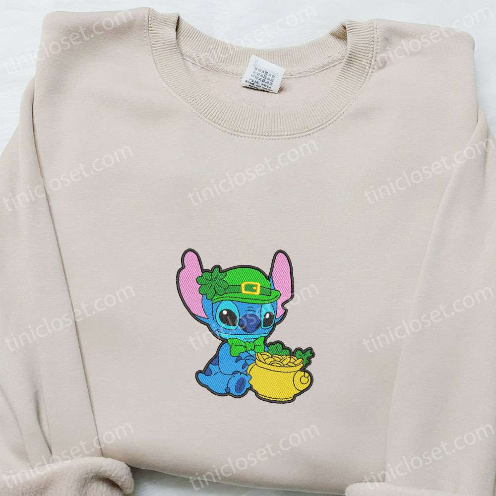 Stitch And Pot Of Gold Embroidered Shirt, Disney Characters Embroidered Hoodie, Saint Patrick’s Day Gift Ideas