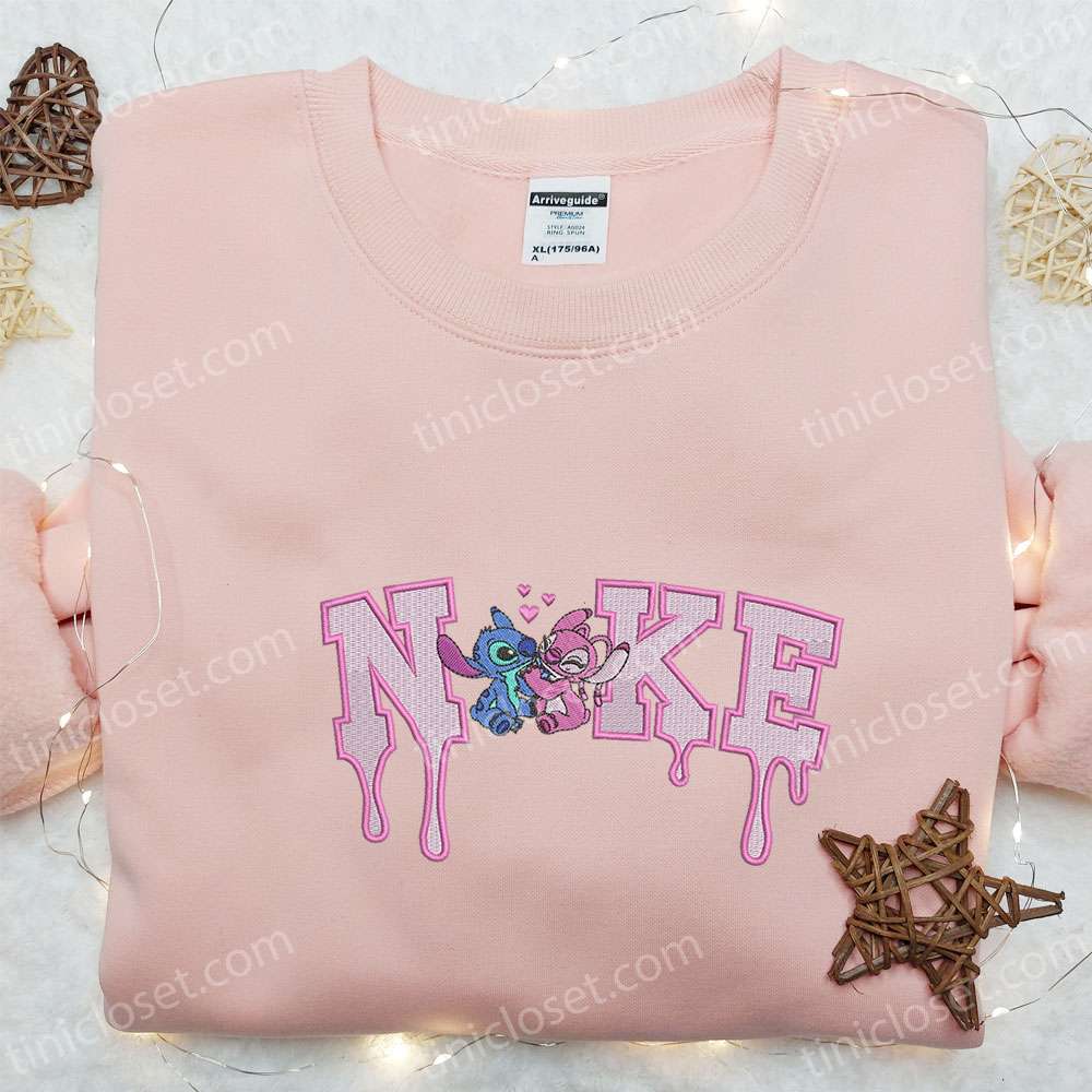 Stitch Angel Love X Nike Cartoon Embroidered Sweatshirt, Disney Characters Embroidered Hoodie, Best Valentine’s Gift Ideas