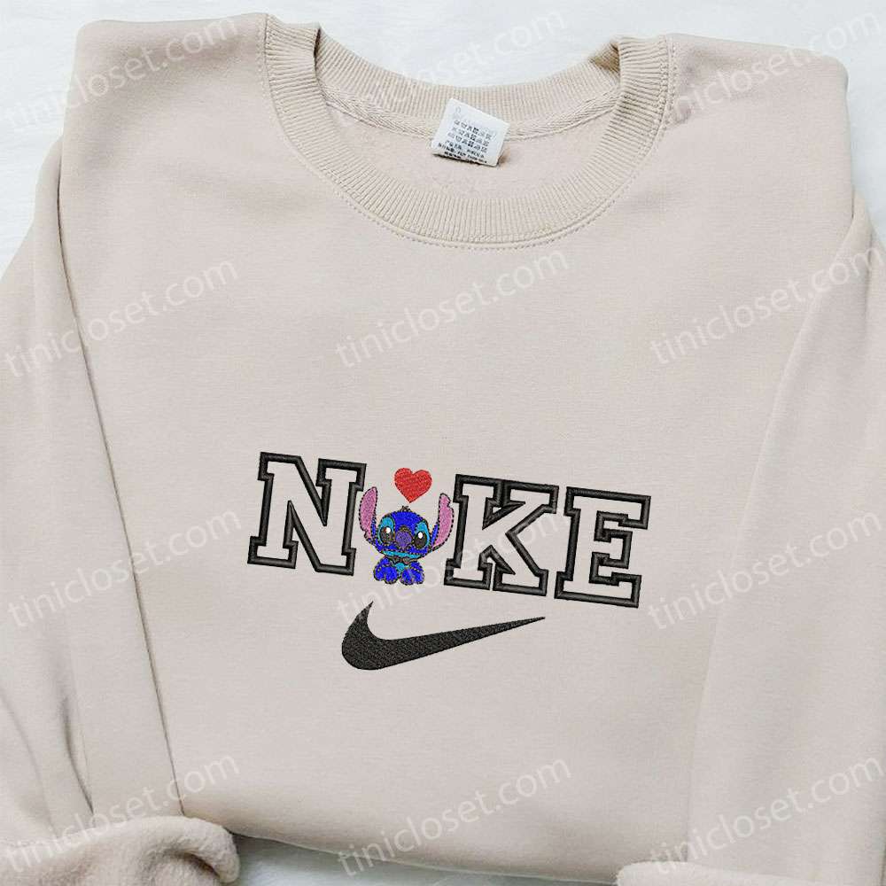 Stitch Heart X Nike Embroidered Shirt, Nike Inspired Embroidered Hoodie, Valentine’s Day Embroidered Sweatshirt