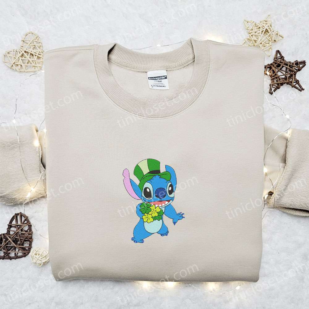 Stitch With Lucky Clovers Embroidered Shirt, Saint Patrick’s Day Embroidered Hoodie, Best Holiday Gift Ideas