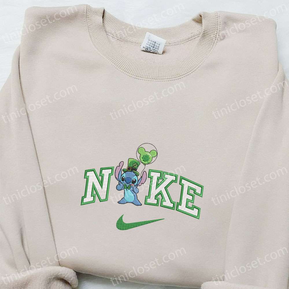Stitch With Shamrock Balloon X Nike Embroidered Shirt, Disney Characters Embroidered Shirt, Saint Patrick’s Day Embroidered Hoodie