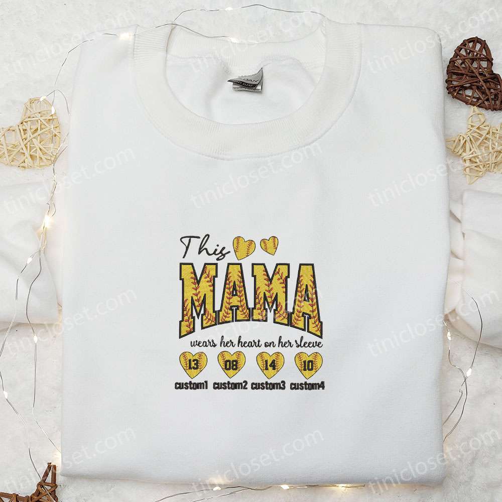 This Mama Wears Heart On Her Sleeves Embroidered Shirt, Custom Names Embroidered Hoodie, Best Mother’s Day Gift
