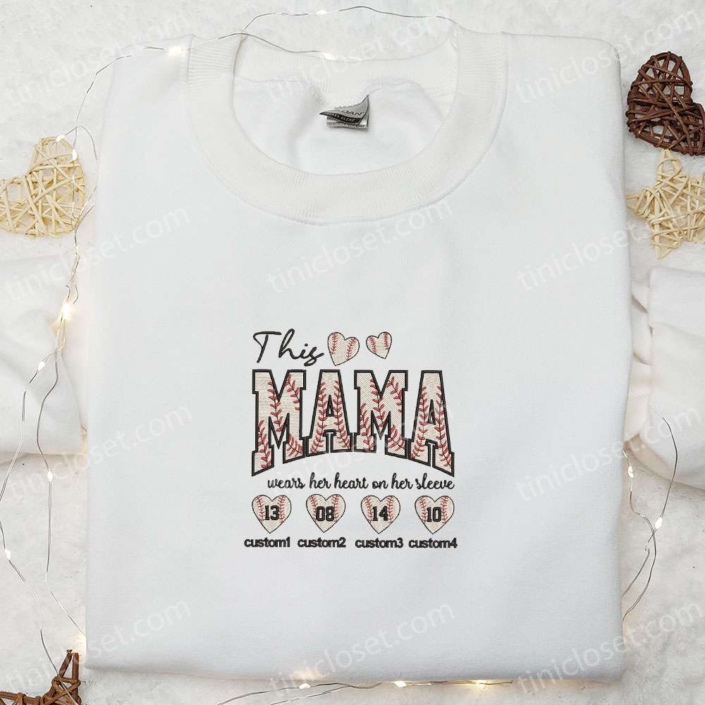 This Mama Wears Her Heart On Her Sleeves Embroidered Shirt, Mother’s Day Embroidered Hoodie, Best Gift For Mom