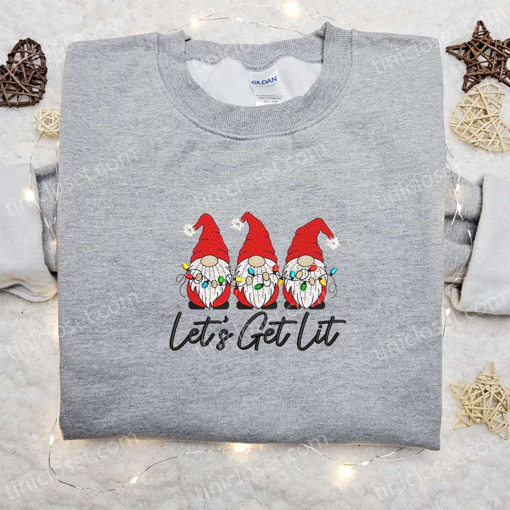 Three Gnomes Let’s Get Lit Embroidered Shirt, Christmas Embroidered Hoodie, Best Gifts For Family