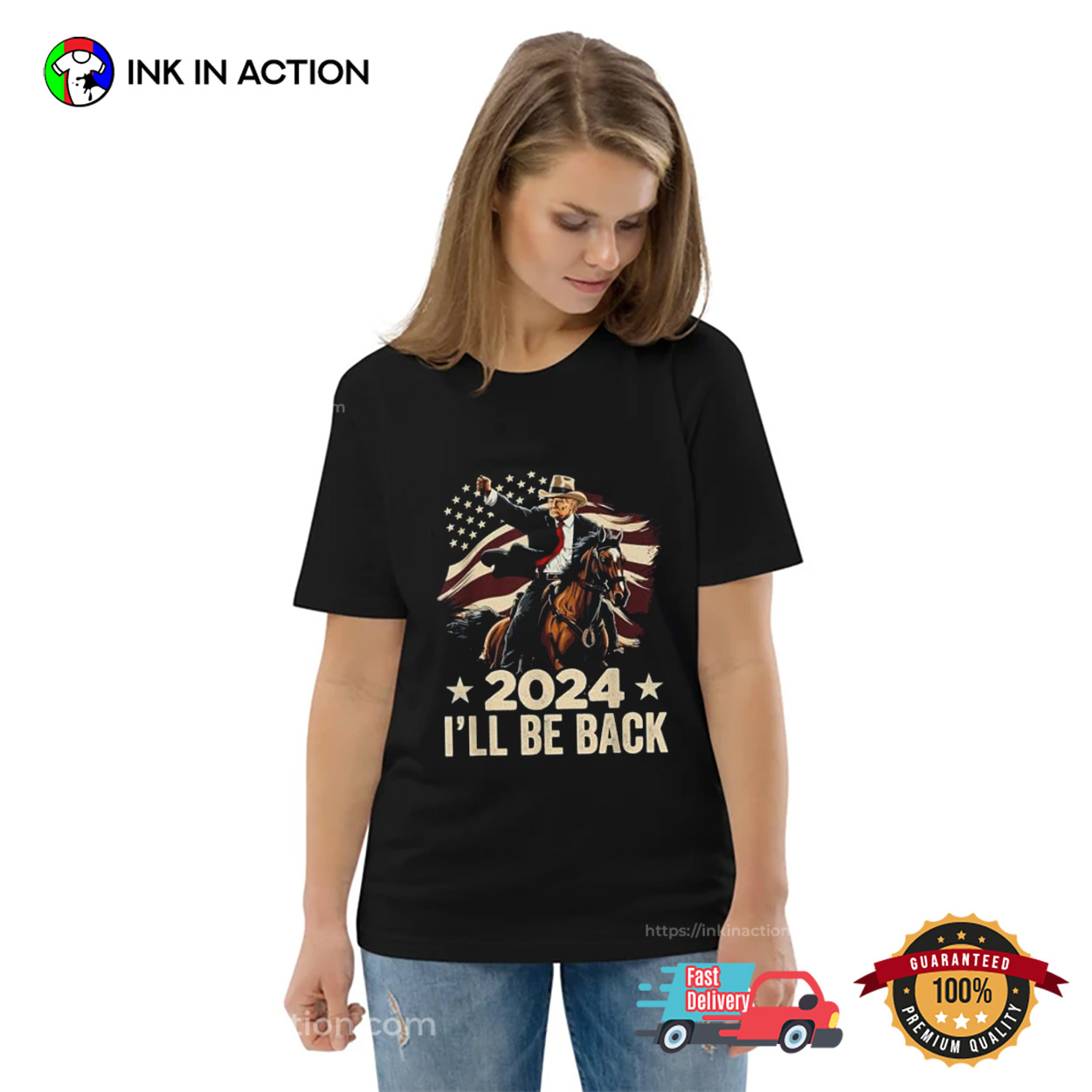 Trump 2024 I’ll Be Back Funny Trump Riding Cowboy Us Flag T-shirt
