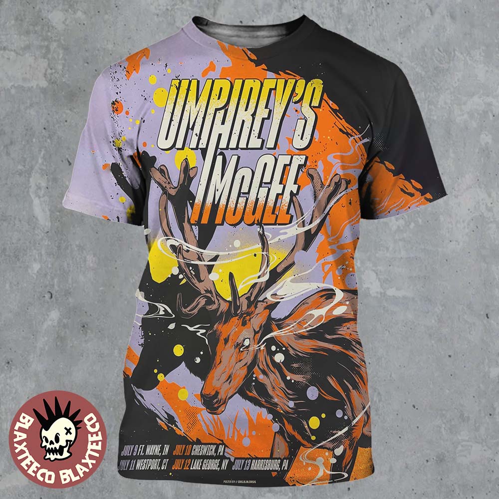 Umphrey’s Mcgee Gig Poster For Shows Indiana Connecticut And Pennsylvania From July 9 To 12 2025 The Deer Art All Over Print Shirt