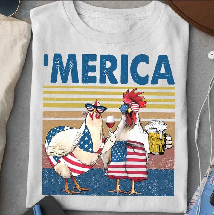 Vintage 'merica Chickens Wearing Flag Of America Glasses And Clothes Holding Red Wine And Beer Shirt