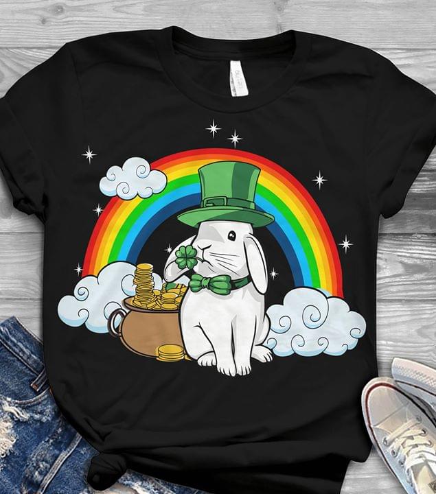 White Rabbit Wearing Green Top Hat Gold Cloud Ranibow Clover Irish Saint Patrick's Day Shirt