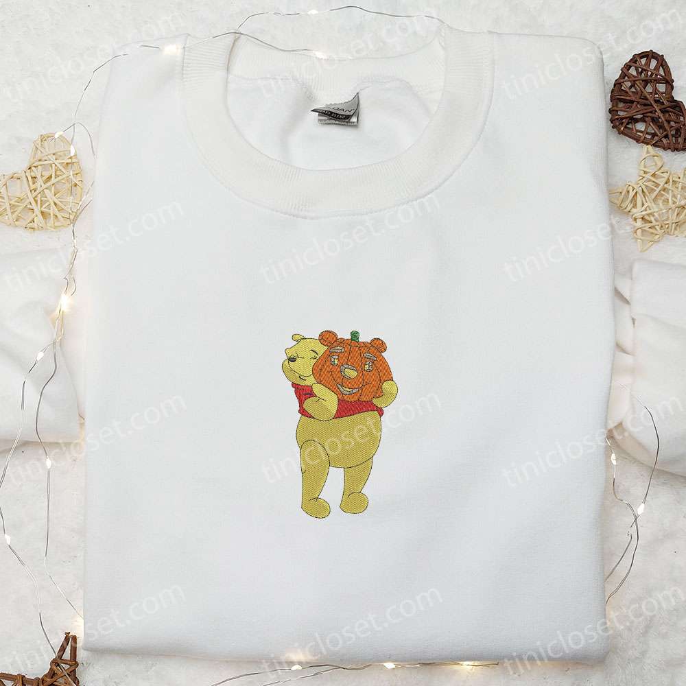 Winnie The Pooh With Jack O’ Lantern Embroidered Sweatshirt, Disney Cartoon Embroidered Hoodie, Halloween Embroidered Shirt