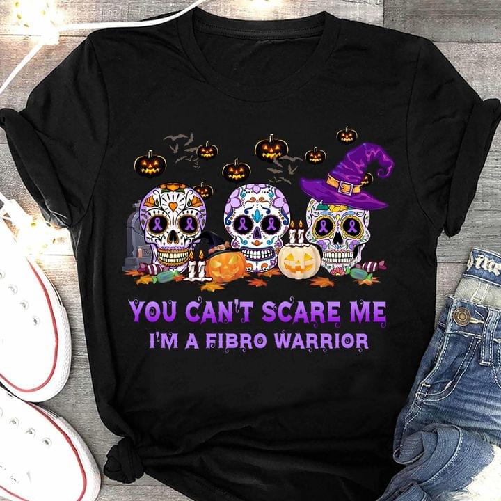 You Can't Scare Me I'm A Fibro Warrior Pumpkin Purple Ribbon Skulls Witch Hat Halloween Shirt